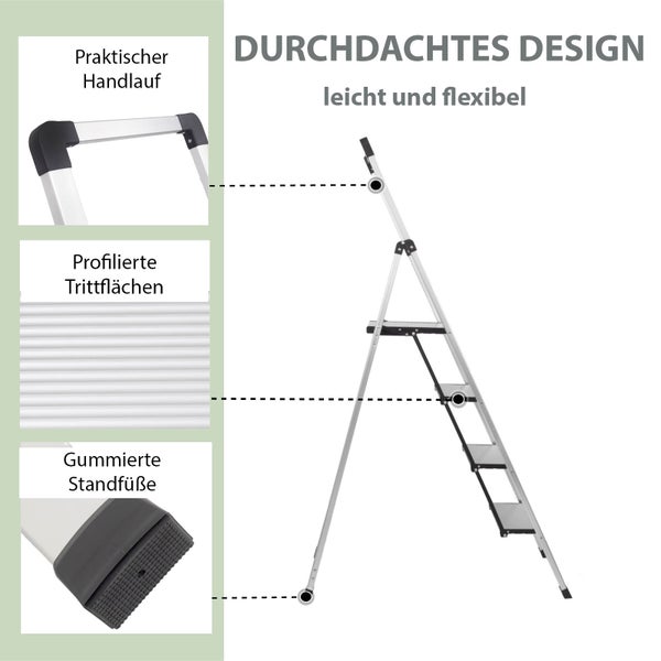 Leiter mit Handlauf, profilierten Trittflächen und gummierten Füßen für einen sicheren Stand