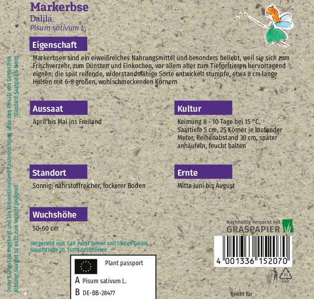 Rückseite der Saatgutpackung Markerbse Dalila mit Details zu Aussaat, Standort, Wuchshöhe und Ernte sowie Pflanzenpass.
