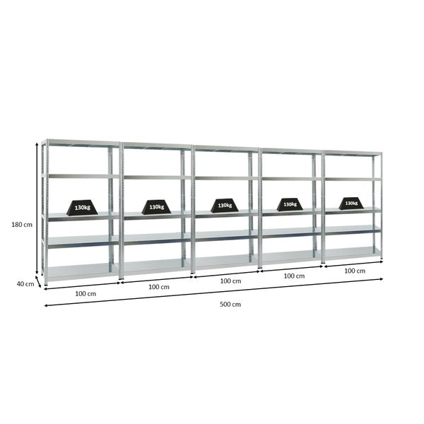 PROREGAL Mega Deal 5x Schwerlastregal Steel Eagle HxBxT 180 x 100 x 40 cm Fachlast 130 kg Verzinkt