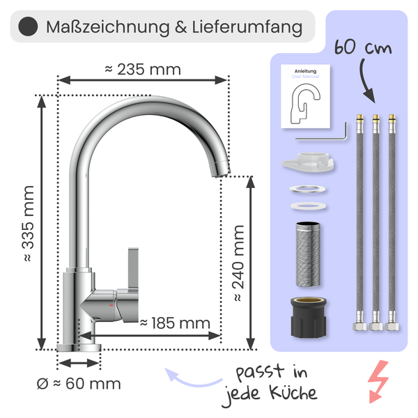 Maßzeichnung einer verchromten Küchenarmatur mit Lieferumfang. Höhe circa 335 Millimeter, Ausladung circa 235 Millimeter, inklusive Montageset.