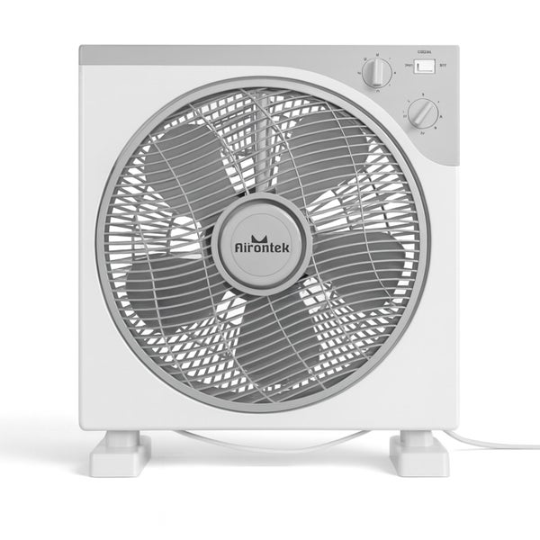 Airontek Boxventilator mit rundem Schutzgitter, fünf Rotorblättern und Drehschaltern am Gehäuse.