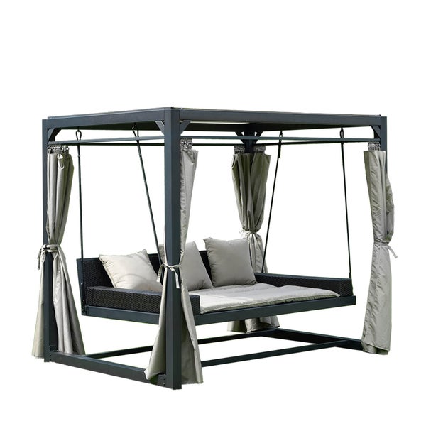 Home Deluxe - Gartenliege - PROVENCE inkl. Abdeckung, Maße: ca. 236 x 180 x 210 cm, Schwebendes Rattanbett inkl. Vorhänge und Schiebedach I Hollywoodschaukel Sonnenliege Schaukelliege