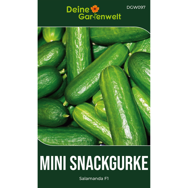 Samentüte für Mini-Snackgurke Salamanda F1, Deine Gartenwelt Logo, Abbildung von kleinen glatten Snackgurken.