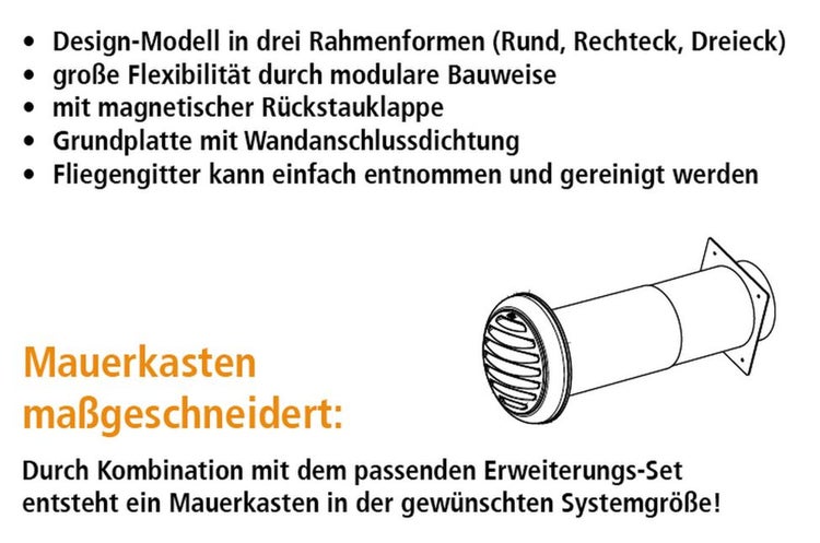Schematische Darstellung eines modularen Mauerkastens mit magnetischer Rückstauklappe und Wandanschlussdichtung für Abluftsysteme.