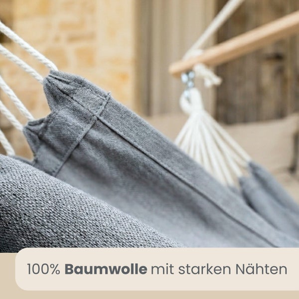 Nahaufnahme einer Hängematte aus 100 Prozent Baumwolle mit starken Nähten.