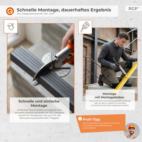 Q Logo und RGP Logo. Montage eines PVC-Treppenkantenprofils: Einfaches Zuschneiden und Verkleben mit Montagekleber auf Treppenstufen.