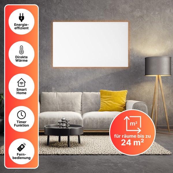 Sollero 450W Infrarotheizung Smart — Dual-Heizung, Stand- oder Wandmontage — WLAN-App, Fernbedienung, Timer — Inkl. Standfüße — Weiß, energiesparend