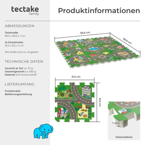 Puzzlematte tectake MyCity 90,5 x 90,5 cm 9-teilig, mit Stadt- und Straßenmotiv bunt