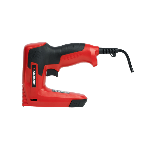 Elektrischer Tacker Arrow in Rot und Schwarz mit ergonomischem Griff und Netzkabel.