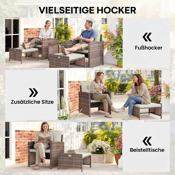 Vielseitiger Hocker aus Polyrattan für den Garten, nutzbar als Fußhocker, zusätzliche Sitzgelegenheit oder Beistelltisch.