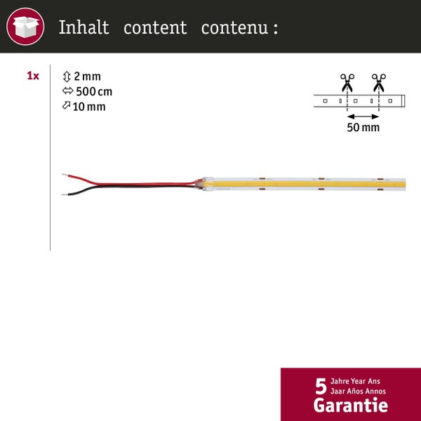LED-Streifen, 500 Zentimeter lang, 10 Millimeter breit, 2 Millimeter hoch, alle 50 Millimeter kürzbar, 5 Jahre Garantie.