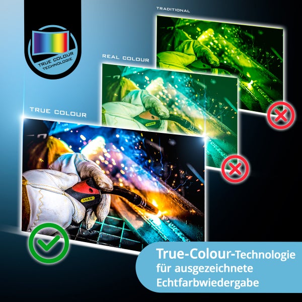 Illustration zur True Colour Technologie für ausgezeichnete Echtfarbwiedergabe beim Schweißen.