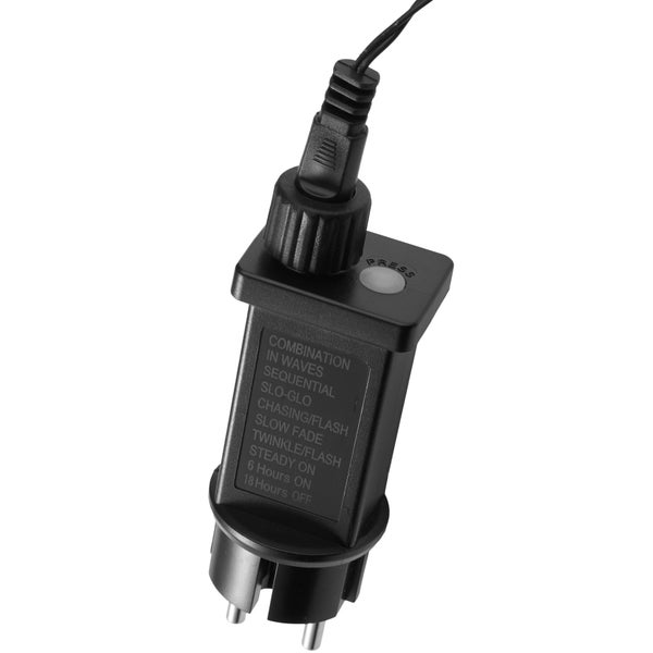 Netzadapter für Lichterketten mit 8 Leuchtmodi und Timerfunktion 6 Stunden an 18 Stunden aus, schwarzer Kunststoff.