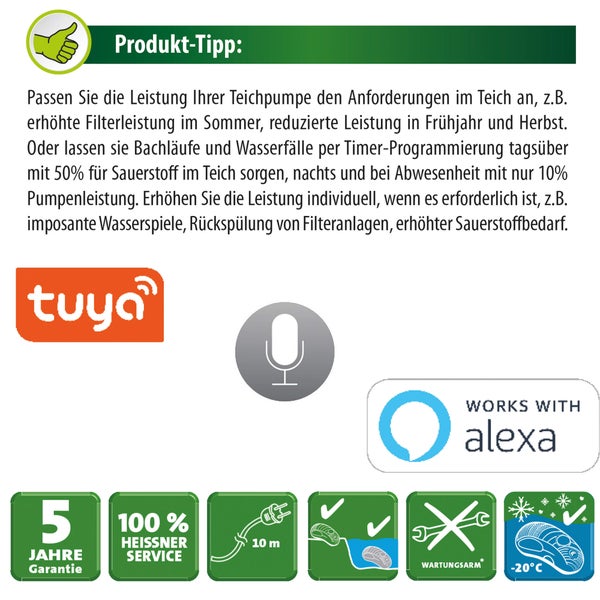 Produktinformationen zu Teichpumpen: 5 Jahre Garantie, Heissner Service, Kabellänge 10 Meter, kompatibel mit Alexa und Tuya, geeignet bis minus 20 Grad Celsius.