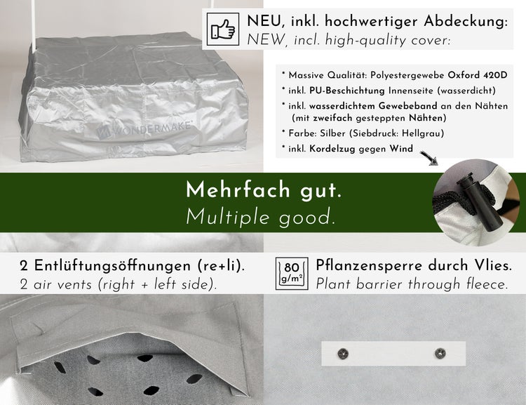WONDERMAKE® Design Sandkasten mit Matschküche, Dach, Abdeckung OXFORD 420D, Vliesfolie, Sandkiste Holz quadratisch verschließbar Outdoor Garten für Kinder, weiß silber