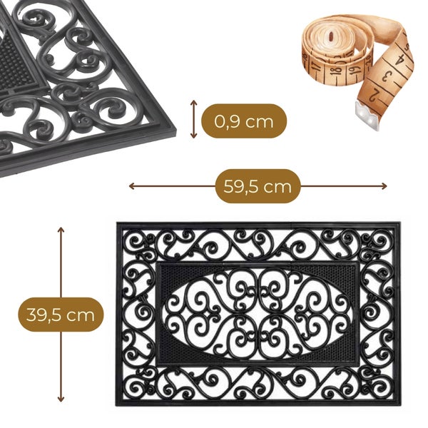 Schwarze Fußmatte aus Gummi mit den Maßen 59,5 cm mal 39,5 cm und einer Stärke von 0,9 cm.