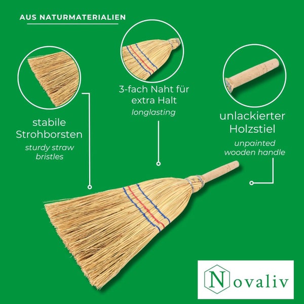 Strohbesen aus Naturmaterialien mit unlackiertem Holzstiel, stabilen Strohborsten und dreifacher Naht für extra Halt. Novaliv Logo.