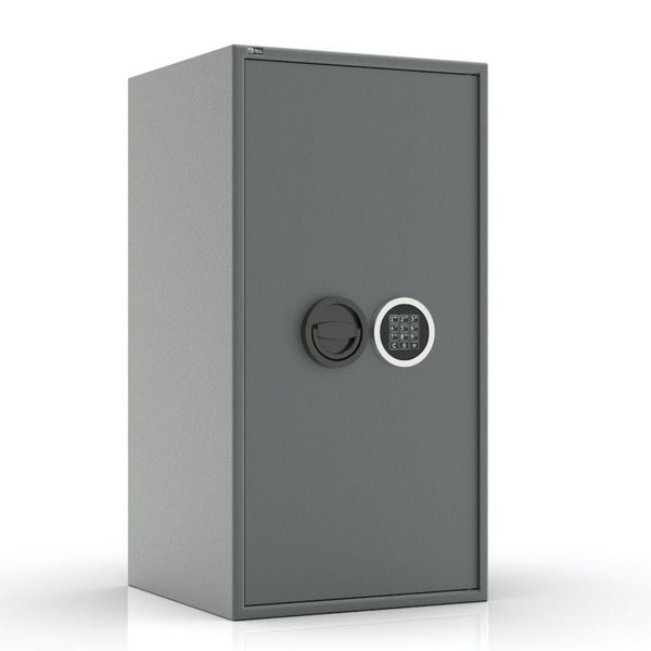 Grauer Tresor aus Metall mit elektronischem Zahlenschloss und rundem Griff.