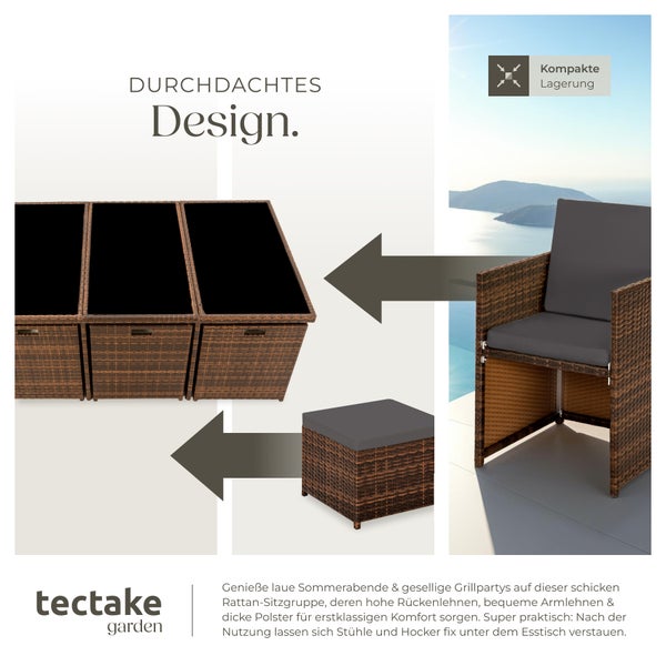 Rattan Sitzgruppe tectake New York 2 Bezugssets, zusammenschiebbar, inklusive Schutzhülle mit Aluminiumgestell schwarz/braun