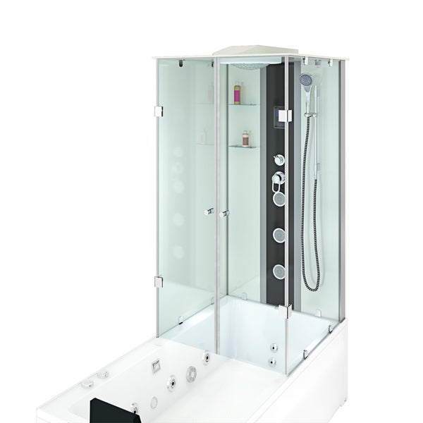 Moderne weiße Rechteckbadewanne mit integrierter Glas-Duschkabine, Massagedüsen, Regenduschkopf und Handbrause in einem hellen Badezimmer.
