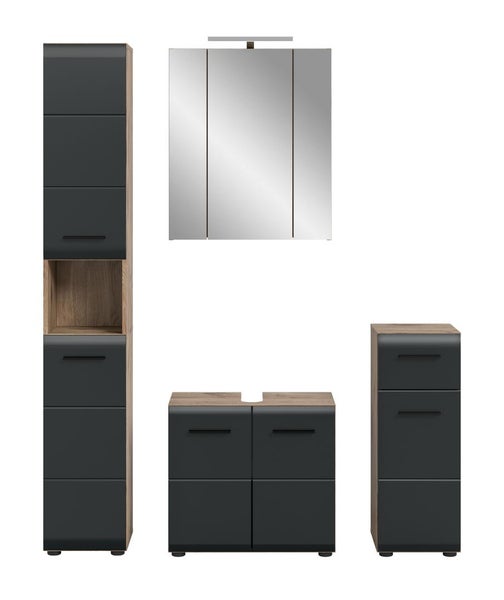 Badezimmermöbel Set in Anthrazit und Eiche-Optik mit Hochschrank, Spiegelschrank, Waschbeckenunterschrank und Beistellschrank.