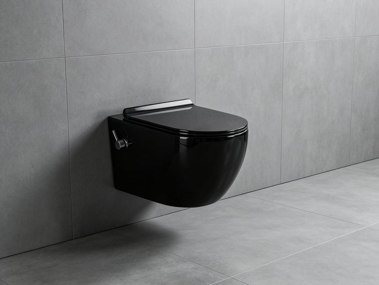 Glasdeals Spülrandloses TAHARET SCHWARZ Dusch-WC inkl. Armatur und Soft-Close WC-Sitz