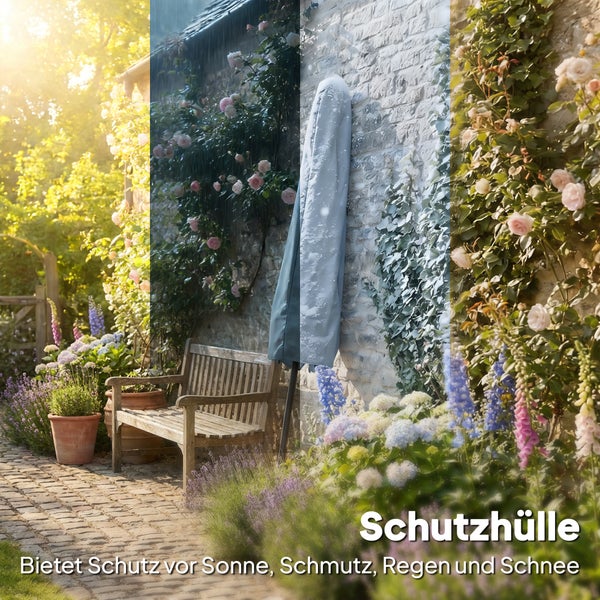 Sonnenschirm im Garten mit zwei Rattansesseln und Tisch auf Rasen, Detailansicht der Handkurbel zum einfachen Öffnen und Schließen.