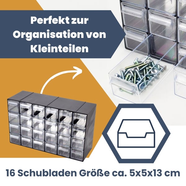 Schubladenbox mit 16 Schubladen zur Aufbewahrung von Kleinteilen, Größe circa 5x5x13 cm