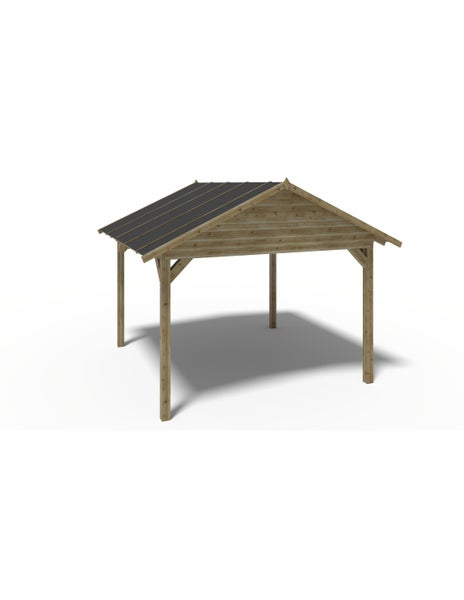 Freistehender Gartenpavillon aus Holz mit Satteldach und vier Stützpfosten.