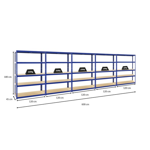 PROREGAL Mega Deal 5x Schwerlastregal Big Elephant S HxBxT 180 x 120 x 45 cm Fachlast 250 kg Blau