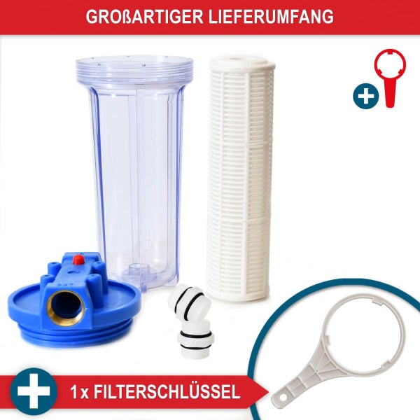 Wasserfilter-Set mit Gehäuse, Filterkartusche, Anschlusskopf, Anschlussstücken und Filterschlüssel.