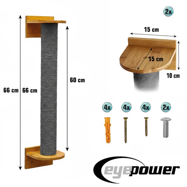 Wandkratzbaum von Eyepower mit Sisalsäule und zwei Holzebenen inklusive Montagematerial und Maßangaben