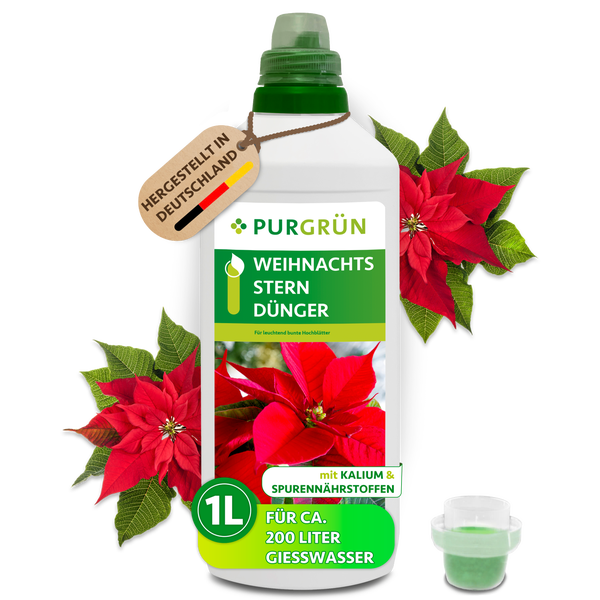 Purgrün Weihnachtsstern Dünger, 1 Liter Flasche Flüssigdünger für Zimmerpflanzen, reicht für circa 200 Liter Gießwasser, mit einem lächelnden Gärtner.