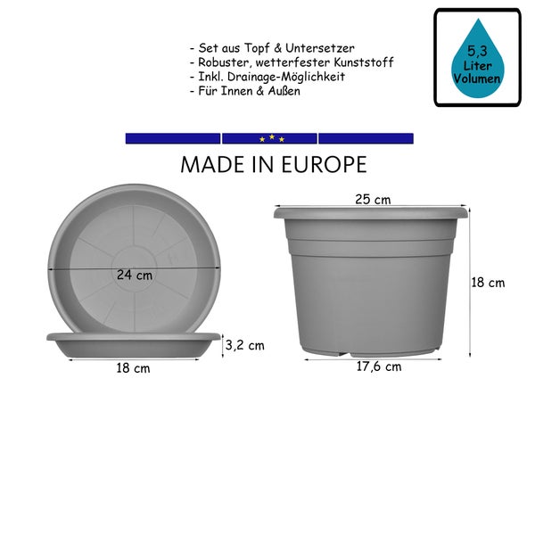 W 3x Blumentopf Ø 25 cm Farbe Terrakotta & Untersetzer Kunststoff Pflanztopf Containertopf Übertopf Pflanzkübel rund 25 x 18 cm Blumentöpfe