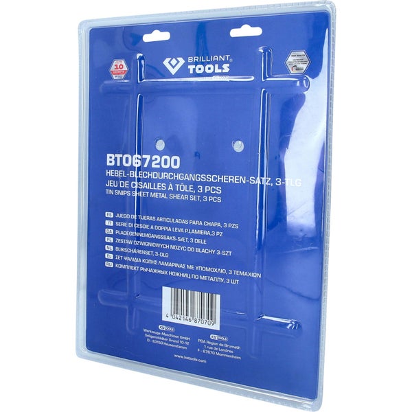 Brilliant Tools Hebel-Blechdurchgangsscheren-Satz, 3-teilig, Rückseite der Kunststoffverpackung mit Artikelnummer BT067200, Garantie und Qualitäts-Siegel.