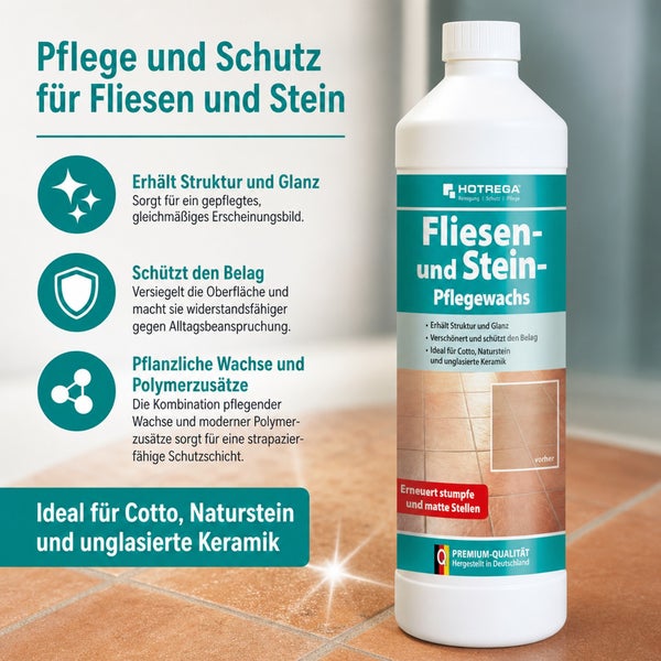 Flasche Hotrega Fliesen und Stein Pflegewachs zur Versiegelung und Auffrischung von Cotto, Naturstein und unglasierter Keramik.
