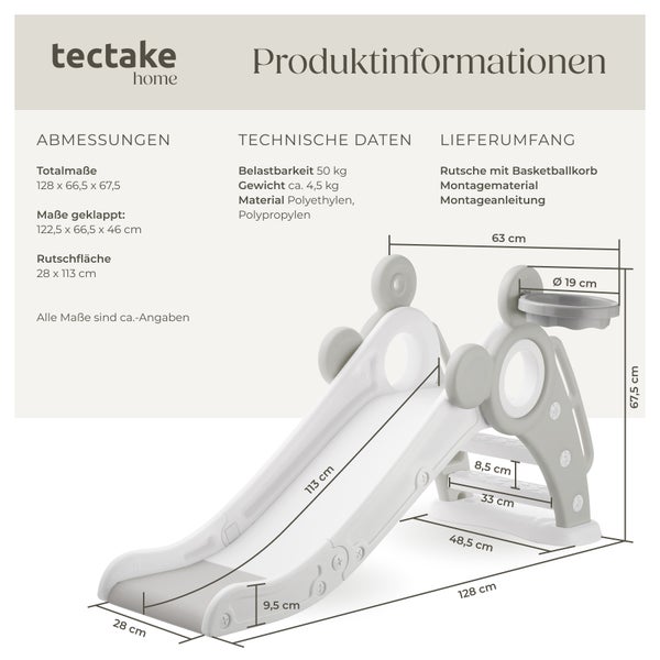 Kinderrutsche tectake Joy Belastbarkeit 50 kg, 128 x 66,5 x 67,5 cm ab 2 Jahren grau