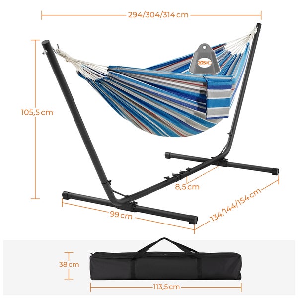 Hängematte mit Stahlrahmen und Tragetasche, Maße angegeben