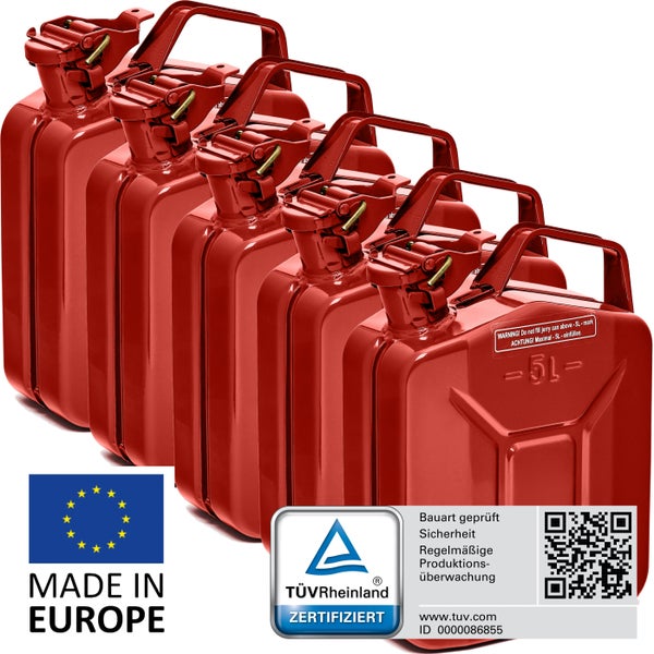 BW® Kraftstoffkanister Metall Benzinkanister 5x 5 Liter - Rot - RAL 3000 - TÜV-geprüft und UN-Zulassung - Made in Europe