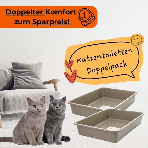 Zwei Katzen vor zwei Katzentoiletten im Doppelpack