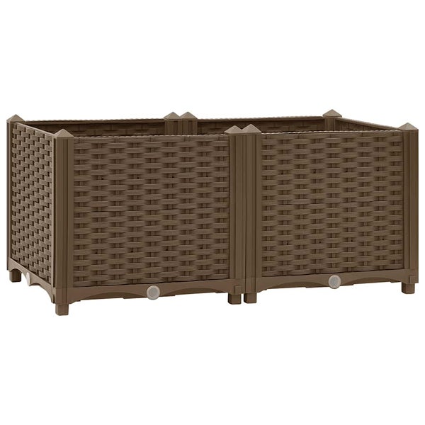 Braunes, rechteckiges Hochbeet aus Kunststoff in Rattan-Optik mit Standfüßen.