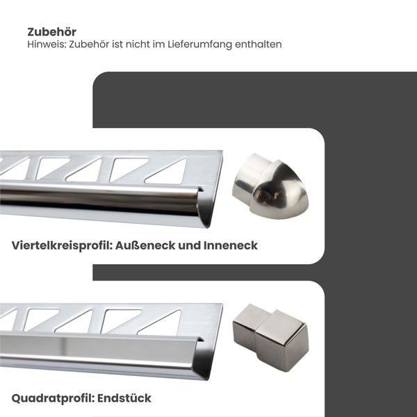 Zubehör für Fliesenprofile: Außeneck und Inneneck für Viertelkreisprofile sowie Endstücke für Quadratprofile aus Metall.