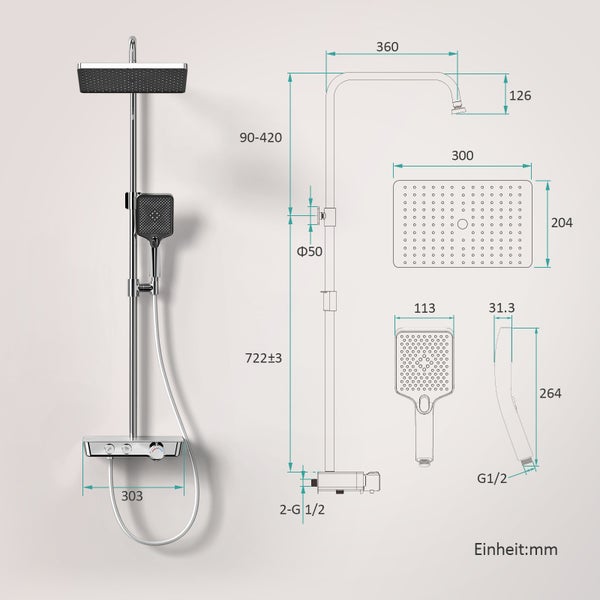 Maßzeichnung eines Duschsystems mit Regendusche, Handbrause und Thermostatarmatur, Abmessungen in Millimeter.