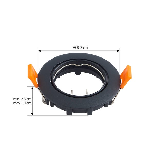 Einbaustrahler-Rahmen schwarz: Durchmesser 8,2 Zentimeter, Einbautiefe minimal 2,8 Zentimeter bis maximal 10 Zentimeter.