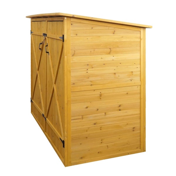 Fahrradgarage aus Holz mit geöffneten Doppeltüren und einem darin abgestellten Fahrrad.