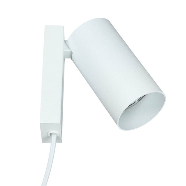 Weiße Wandleuchte mit zylindrischem Lampenkopf und Kabel