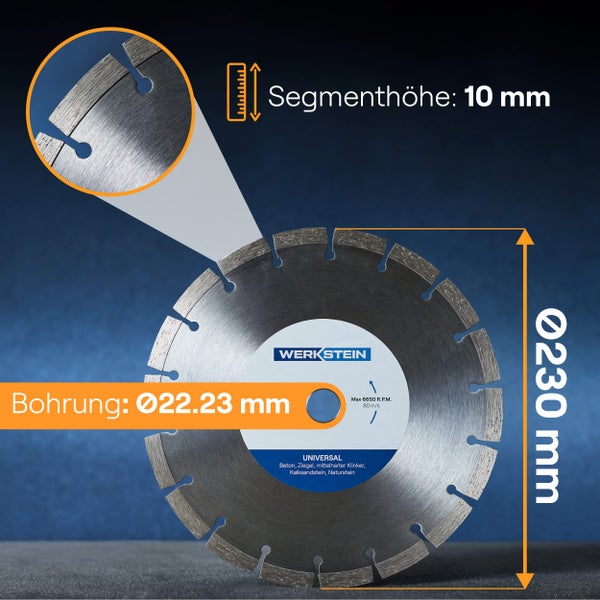 WERKSTEIN Extrem langlebige Diamantscheibe 230mm x 22,23mm x 10mm I Universal Diamanttrennscheibe 230 mm zum Schneiden von Stein, Beton, Ziegel uvm. I Trennscheibe 230 Beton für Winkelschleifer