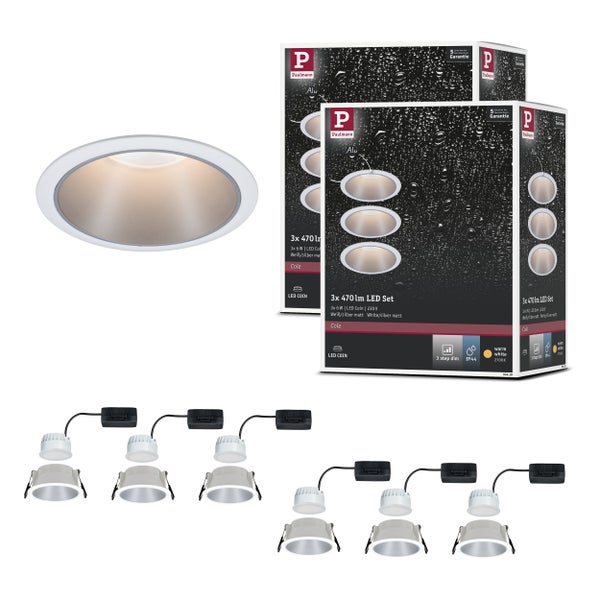 Technisches Datenblatt für Paulmann LED Einbauleuchten Set mit drei Einbaustrahlern, neutralweißem Licht und Schutzart IP23 für Deckenmontage.