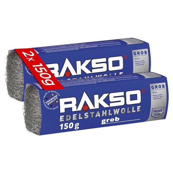 Rakso Edelstahlwolle grob, 2er-Pack mit jeweils 150 Gramm, zum Reinigen und Schleifen im Nassbereich.