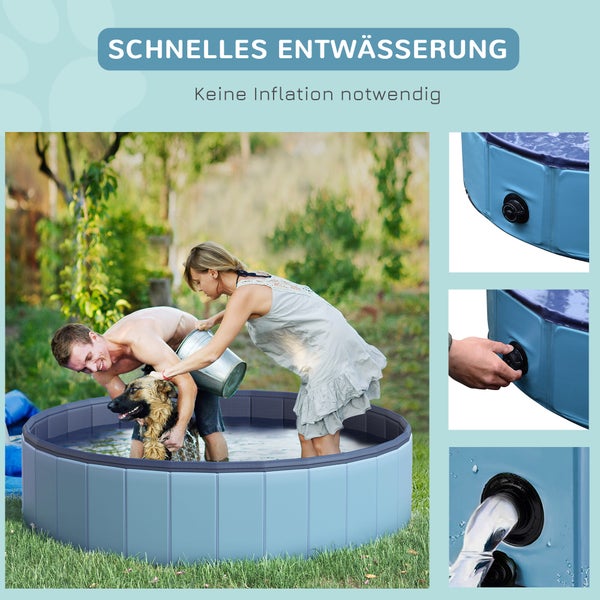 PawHut Hundebadewanne faltbar Badewanne Hundepool Plantschbecken Swimmingpool Wasserbecken für Hunde und Katzen Schwimmbecken Kunststoff+Holz Blau Ø140 x H30 cm